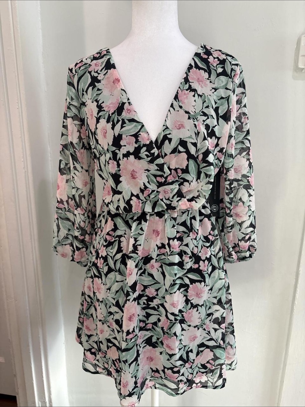 As U Wish Black Floral Wrap Mini Dress with Pink and Green Accents